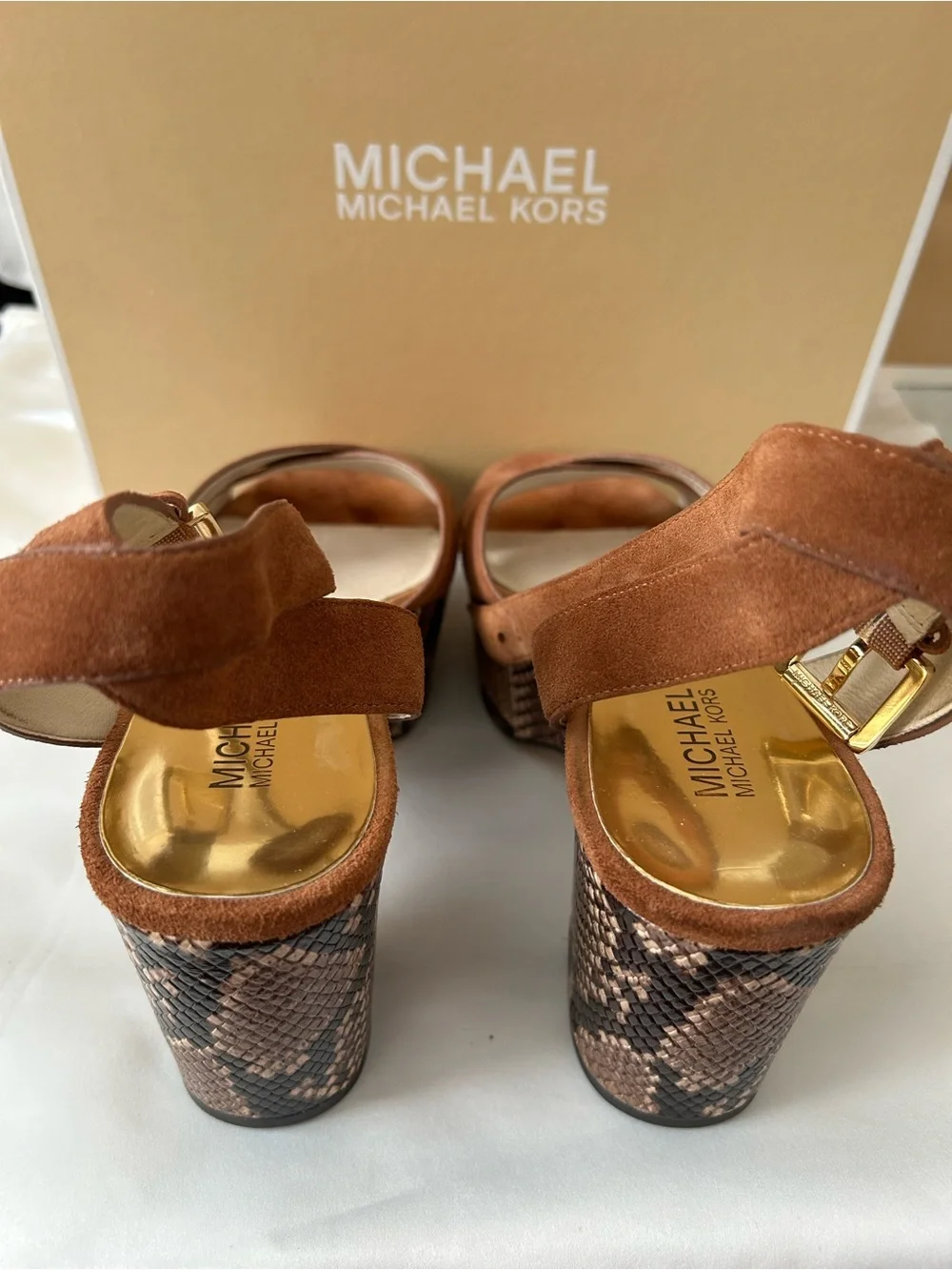 🤎Michael Kors🤎Brown Suede w/Python Print ~ Crisscross Wedge Flatform Sandals EUC